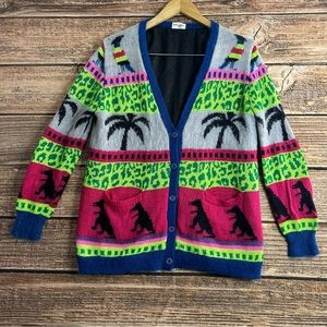 Yves Saint Laurent Cardigan Mens Medium/Large Palm Trees Dinosaurs Colorful READ